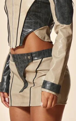 Sale PrettyLittleThing PLT Label Contrast Panel Detail Faux Leather Micro Mini Skirt Black