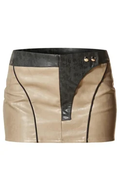 Sale PrettyLittleThing PLT Label Contrast Panel Detail Faux Leather Micro Mini Skirt Black