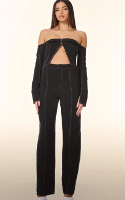 Sale PrettyLittleThing PLT Label Contrast Stitch Corset Top Black