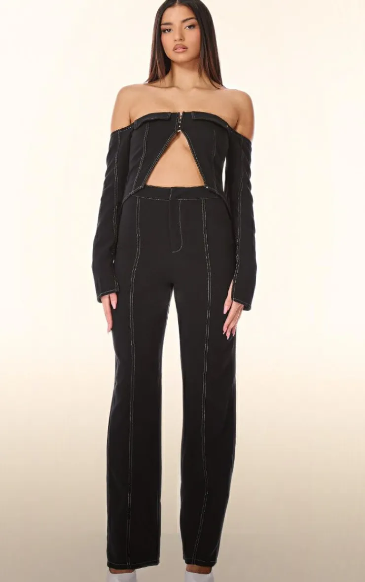 Sale PrettyLittleThing PLT Label Contrast Stitch Corset Top Black
