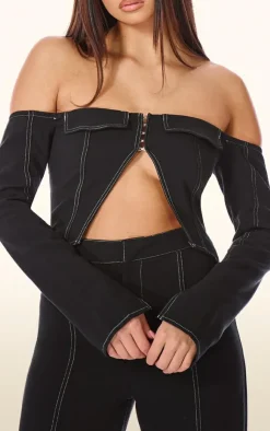 Sale PrettyLittleThing PLT Label Contrast Stitch Corset Top Black