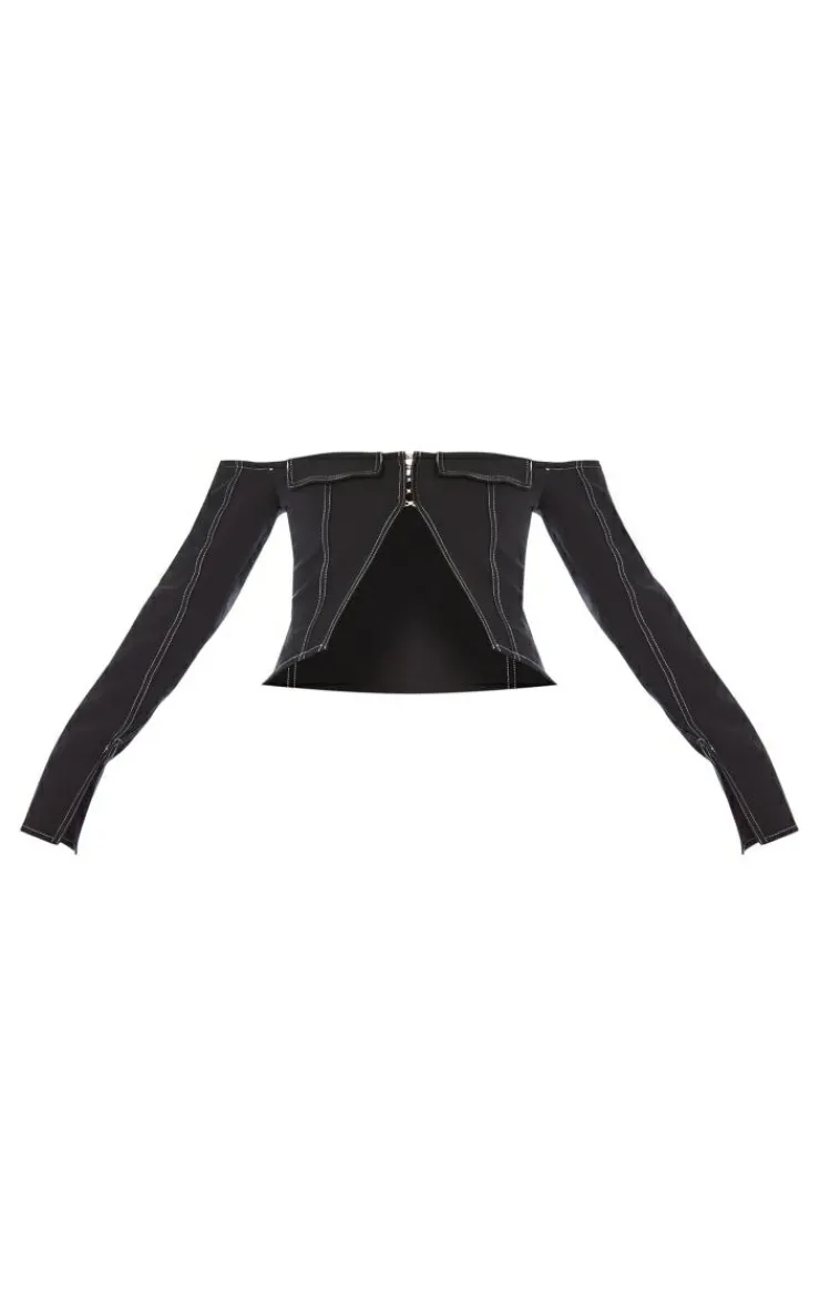 Sale PrettyLittleThing PLT Label Contrast Stitch Corset Top Black