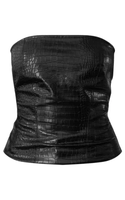 Hot PrettyLittleThing PLT Label Croc Faux Leather Bandeau Corset Black