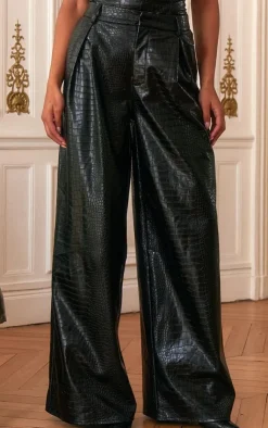 New PrettyLittleThing PLT Label Croc Faux Leather Wide Leg Tailored Pants Black