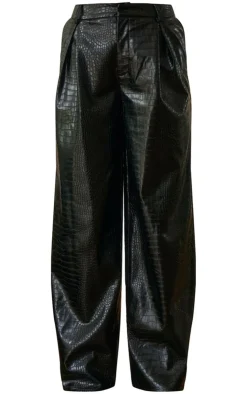 New PrettyLittleThing PLT Label Croc Faux Leather Wide Leg Tailored Pants Black
