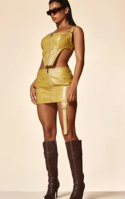 Clearance PrettyLittleThing PLT Label Faux Leather Strap Detail Mini Skirt Camel