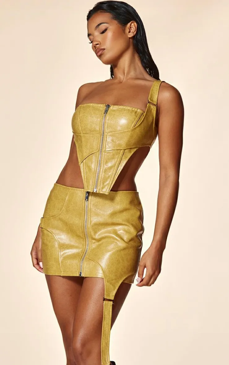 Clearance PrettyLittleThing PLT Label Faux Leather Strap Detail Mini Skirt Camel