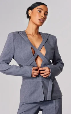 Hot PrettyLittleThing PLT Label Strap Detail Cross Over Oversized Blazer Charcoal