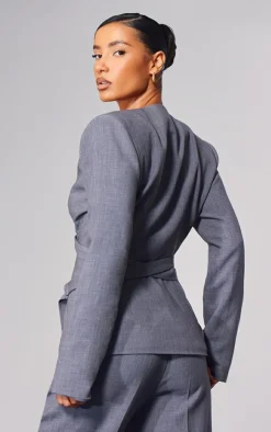 Hot PrettyLittleThing PLT Label Strap Detail Cross Over Oversized Blazer Charcoal