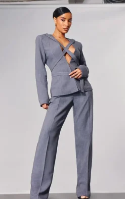 Hot PrettyLittleThing PLT Label Strap Detail Cross Over Oversized Blazer Charcoal