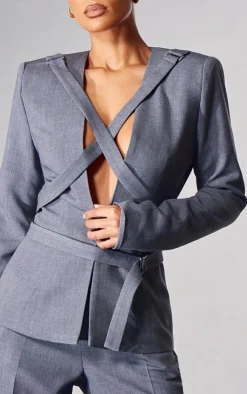 Hot PrettyLittleThing PLT Label Strap Detail Cross Over Oversized Blazer Charcoal