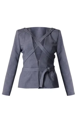Hot PrettyLittleThing PLT Label Strap Detail Cross Over Oversized Blazer Charcoal