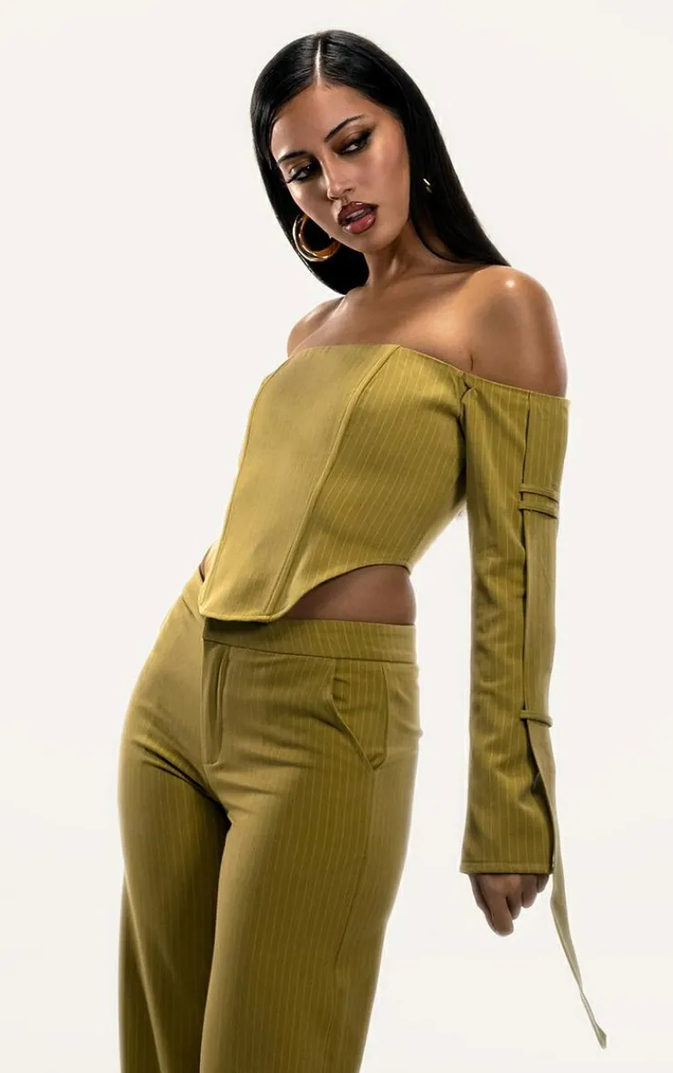Hot PrettyLittleThing PLT Label Pinstripe Bardot Sleeve Detail Corset Chartreuse