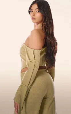 Hot PrettyLittleThing PLT Label Pinstripe Bardot Sleeve Detail Corset Chartreuse