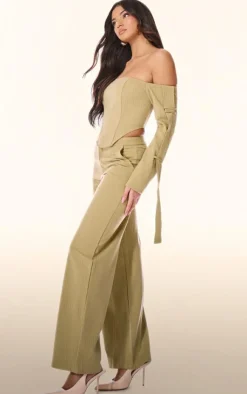Hot PrettyLittleThing PLT Label Pinstripe Bardot Sleeve Detail Corset Chartreuse