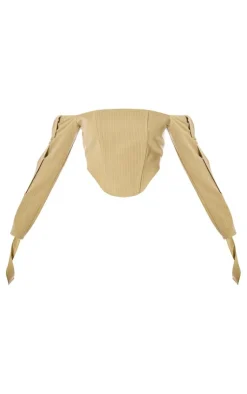Hot PrettyLittleThing PLT Label Pinstripe Bardot Sleeve Detail Corset Chartreuse