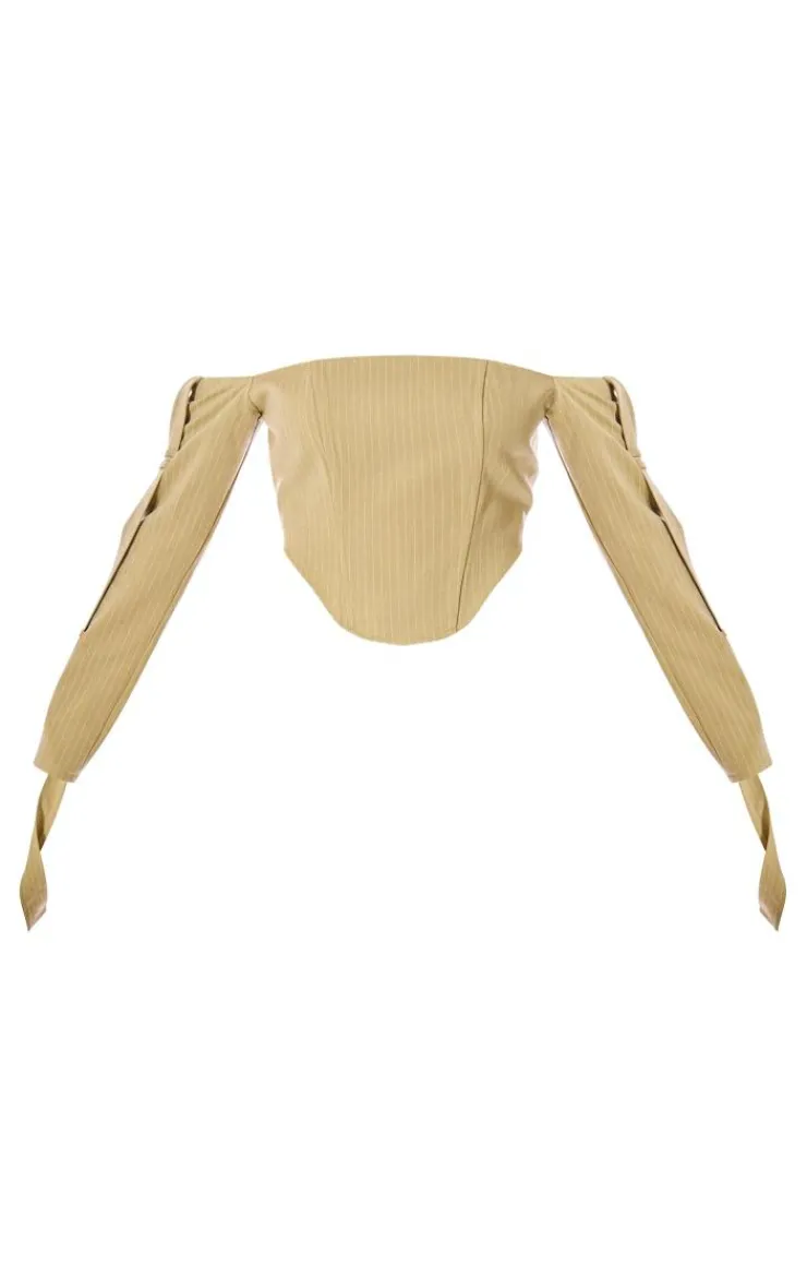 Hot PrettyLittleThing PLT Label Pinstripe Bardot Sleeve Detail Corset Chartreuse