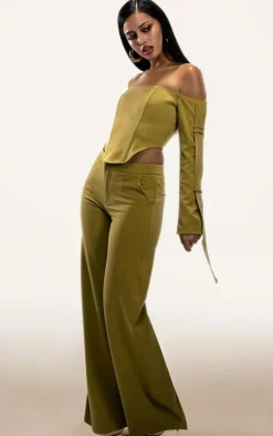 Discount PrettyLittleThing PLT Label Pinstripe Wide Leg Pants Chartreuse