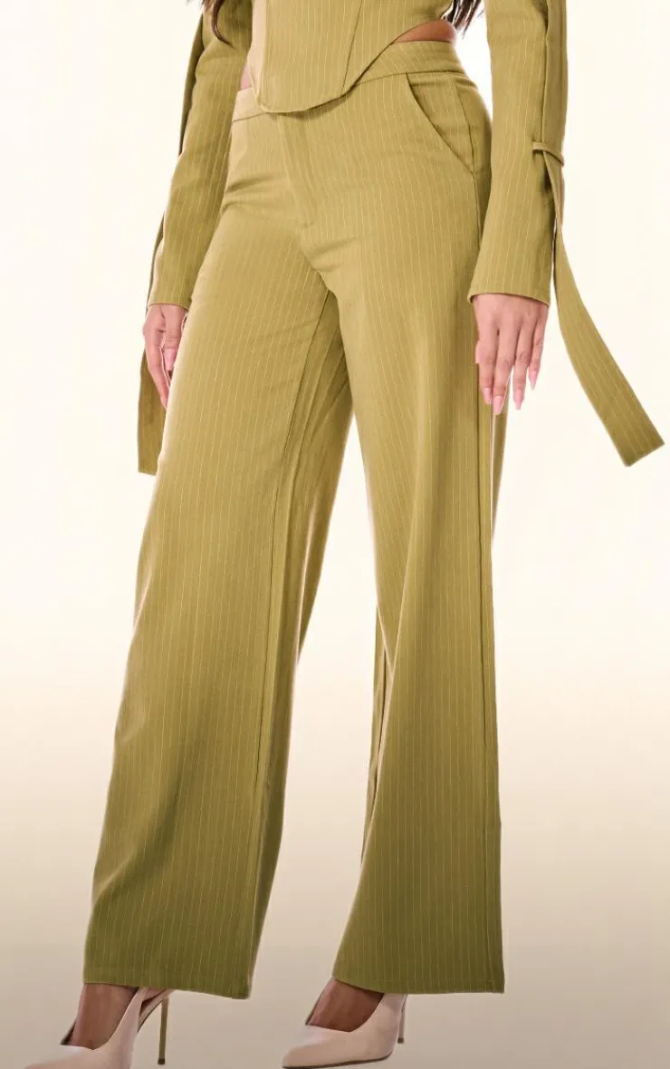 Discount PrettyLittleThing PLT Label Pinstripe Wide Leg Pants Chartreuse