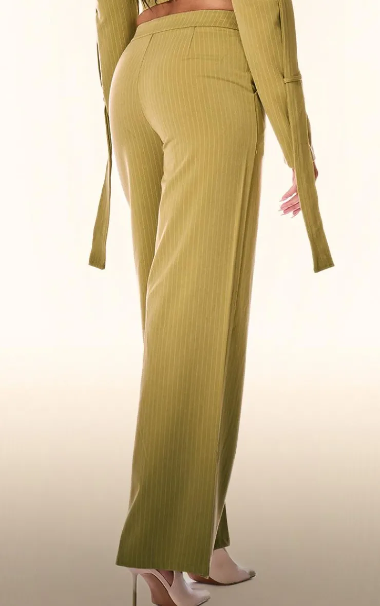 Discount PrettyLittleThing PLT Label Pinstripe Wide Leg Pants Chartreuse