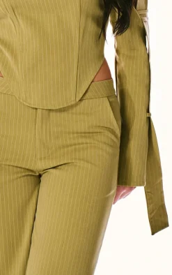 Discount PrettyLittleThing PLT Label Pinstripe Wide Leg Pants Chartreuse