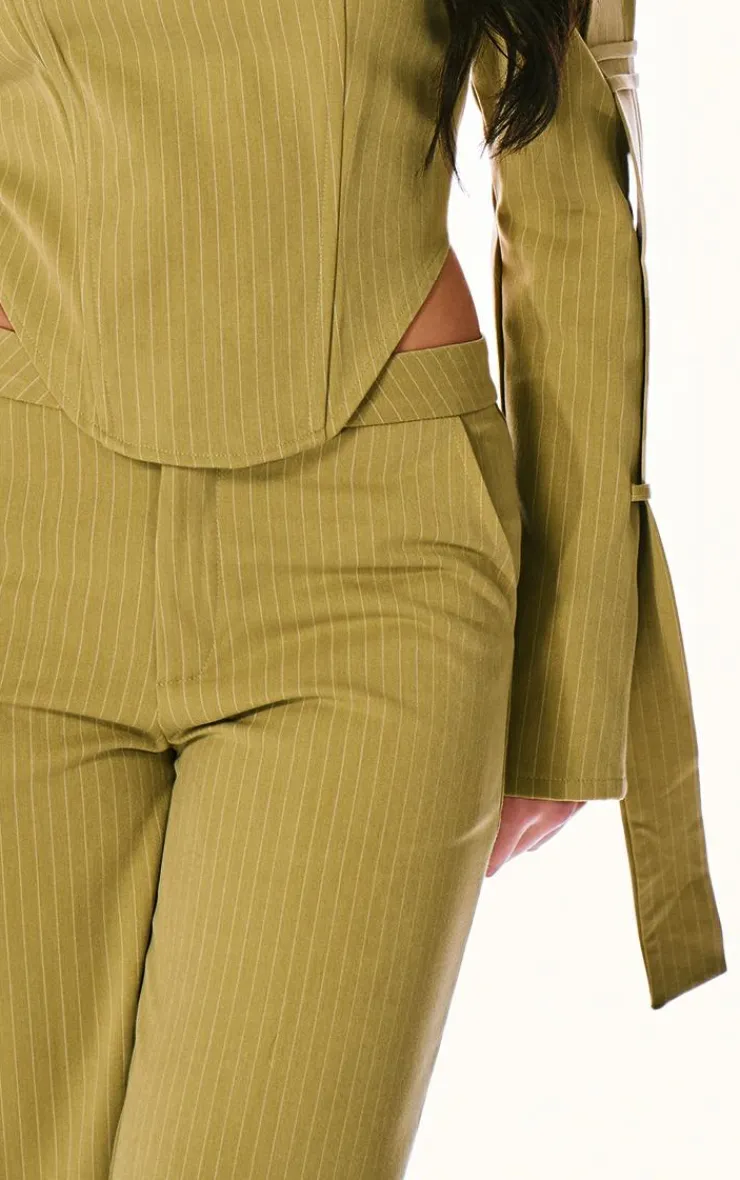 Discount PrettyLittleThing PLT Label Pinstripe Wide Leg Pants Chartreuse
