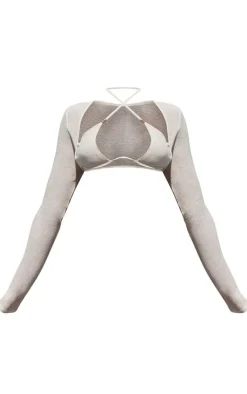 Hot PrettyLittleThing PLT Label Sheer Strappy Cross Front Long Sleeve Bralet Cream