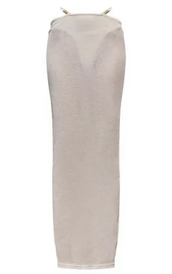 Online PrettyLittleThing PLT Label Sheer Strappy Waist Maxi Skirt Cream