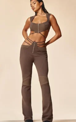 Hot PrettyLittleThing PLT Label Dark Cut Out Waist Detail Biker Pants Taupe