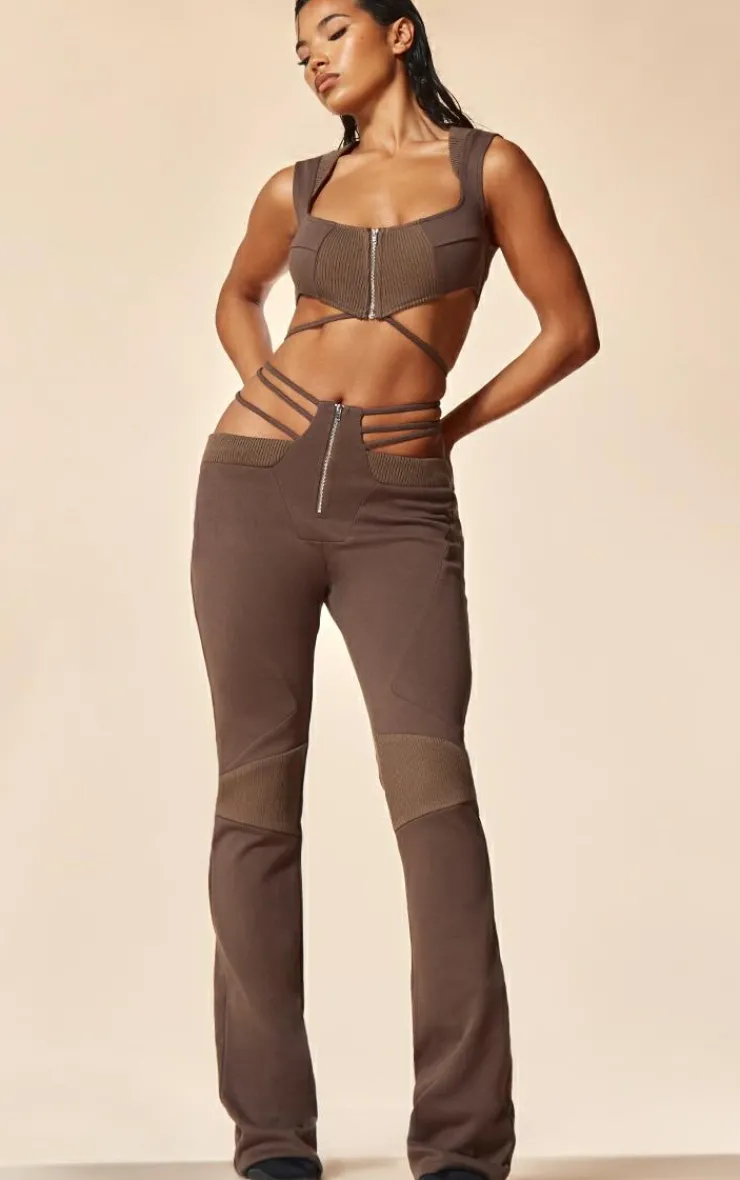 Hot PrettyLittleThing PLT Label Dark Cut Out Waist Detail Biker Pants Taupe
