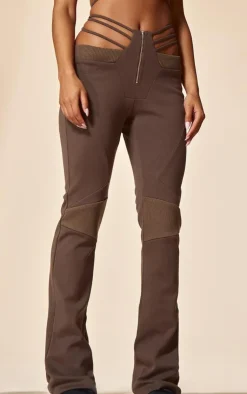 Hot PrettyLittleThing PLT Label Dark Cut Out Waist Detail Biker Pants Taupe