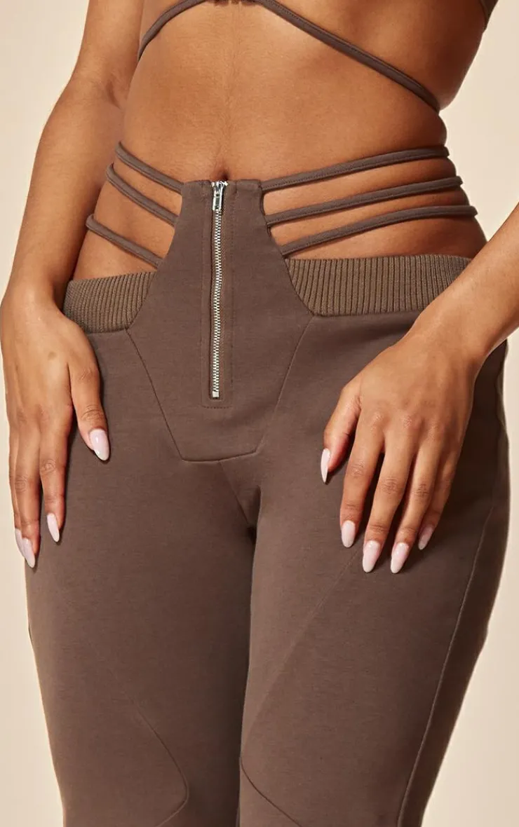 Hot PrettyLittleThing PLT Label Dark Cut Out Waist Detail Biker Pants Taupe