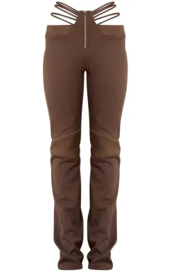 Hot PrettyLittleThing PLT Label Dark Cut Out Waist Detail Biker Pants Taupe