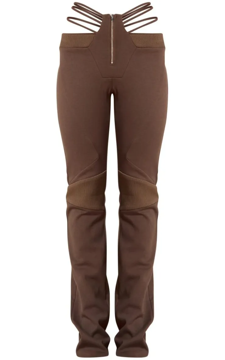 Hot PrettyLittleThing PLT Label Dark Cut Out Waist Detail Biker Pants Taupe