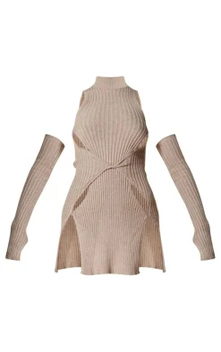 PLT Label Dark Knitted Twist Front Cold Shoulder Bodycon Dress-PrettyLittleThing Outlet