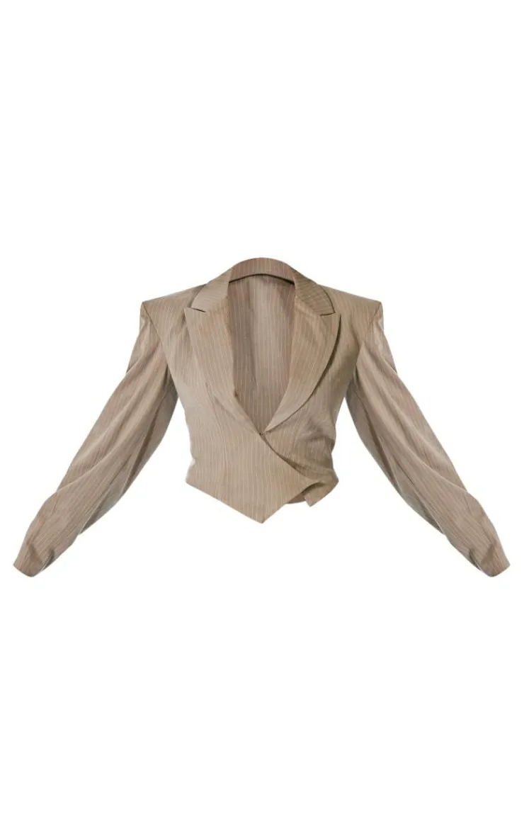 Online PrettyLittleThing PLT Label Dark Pinstripe Oversized Blazer Taupe