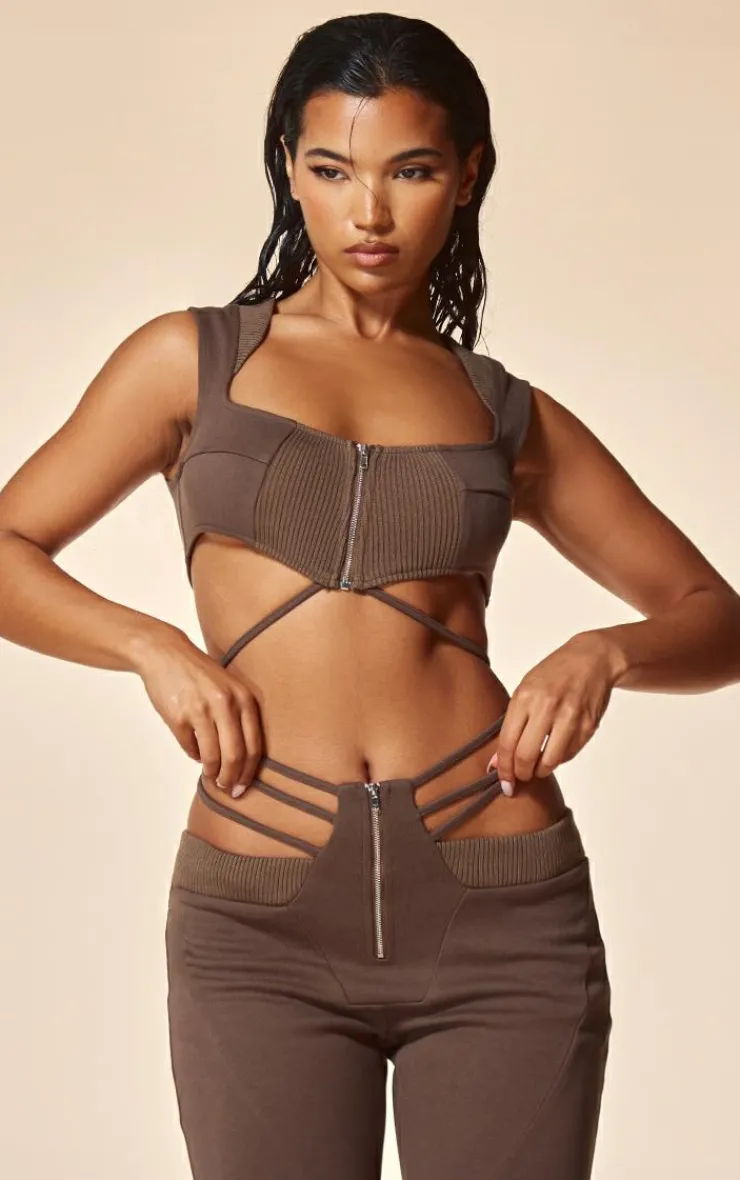 Online PrettyLittleThing PLT Label Dark Zip Detail Crop Top Taupe