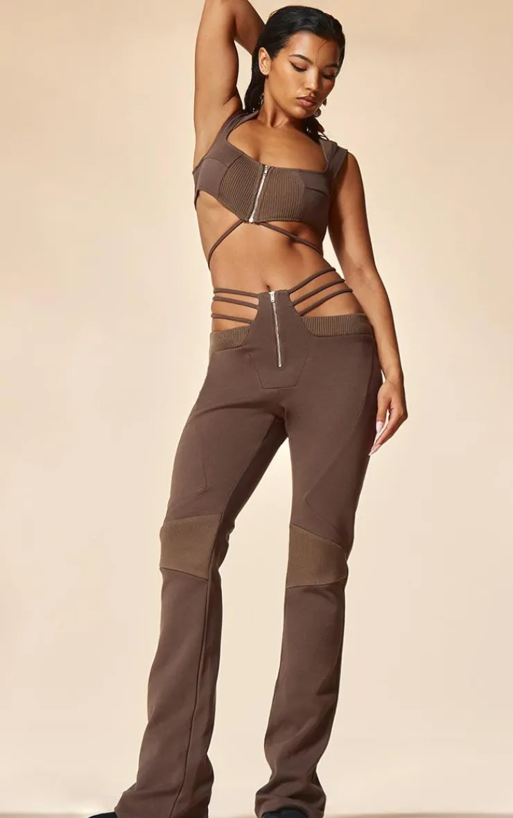 Online PrettyLittleThing PLT Label Dark Zip Detail Crop Top Taupe