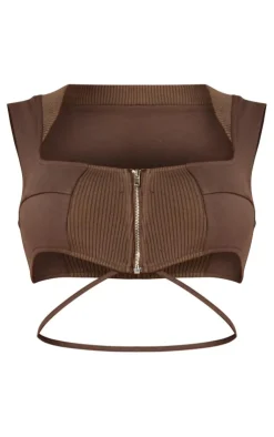 Online PrettyLittleThing PLT Label Dark Zip Detail Crop Top Taupe