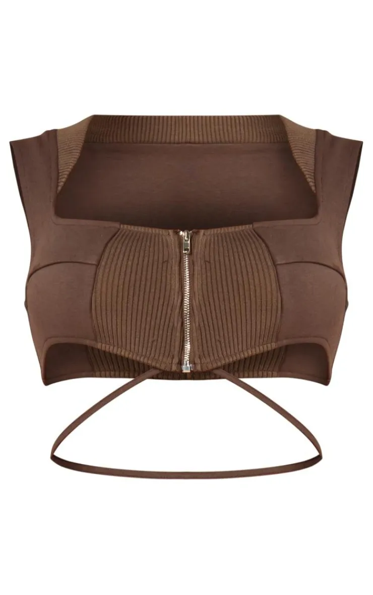 Online PrettyLittleThing PLT Label Dark Zip Detail Crop Top Taupe
