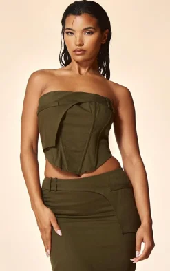 Sale PrettyLittleThing PLT Label Twill Panel Detail Corset Khaki