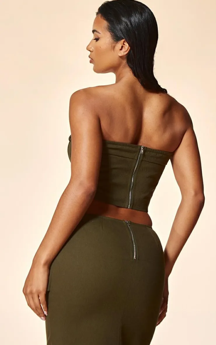 Sale PrettyLittleThing PLT Label Twill Panel Detail Corset Khaki