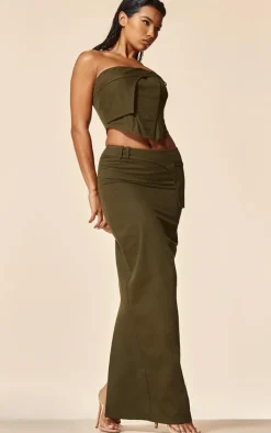 Sale PrettyLittleThing PLT Label Twill Panel Detail Corset Khaki