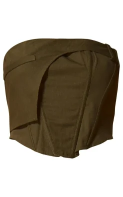 Sale PrettyLittleThing PLT Label Twill Panel Detail Corset Khaki