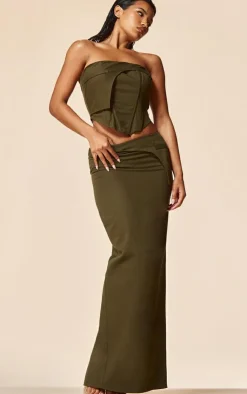 PrettyLittleThing PLT Label Twill Panel Detail Maxi Skirt Khaki