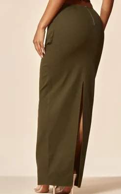 PrettyLittleThing PLT Label Twill Panel Detail Maxi Skirt Khaki