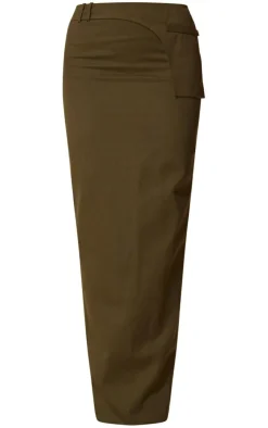 PrettyLittleThing PLT Label Twill Panel Detail Maxi Skirt Khaki