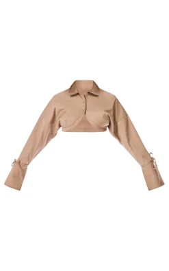 New PrettyLittleThing PLT Label Cropped Shirt Light Brown