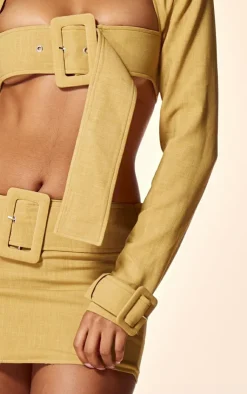 Online PrettyLittleThing PLT Label Belt Detail Cropped Blazer Mustard