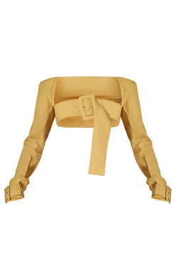 Online PrettyLittleThing PLT Label Belt Detail Cropped Blazer Mustard